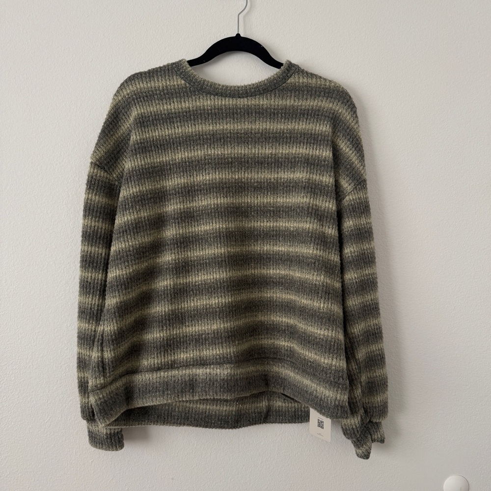 MuseRa Ribbed Long Sleeve Top Olive and Cream Striped Cozy